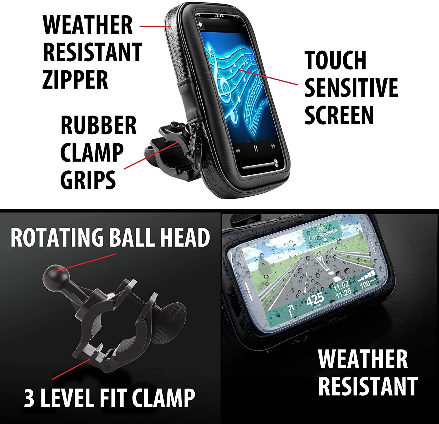 USA Gear Motorcycle GPS Bike Phone Mount with Handlebar Waterproof Touch Case with 360 Degree Viewing - Compatible with Garmin , Zumo , Magellan , Tomtom , Trail Tech and GPS Units up to 6.75 Inch