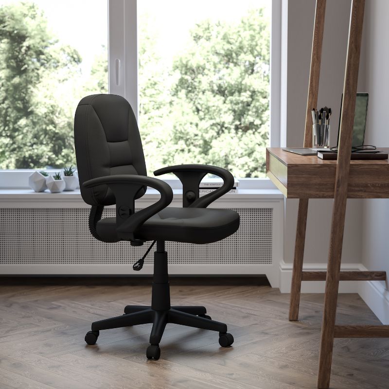 Emma and Oliver Mid-Back Black Leather Swivel Ergonomic Task Office Chair with Adjustable Arms