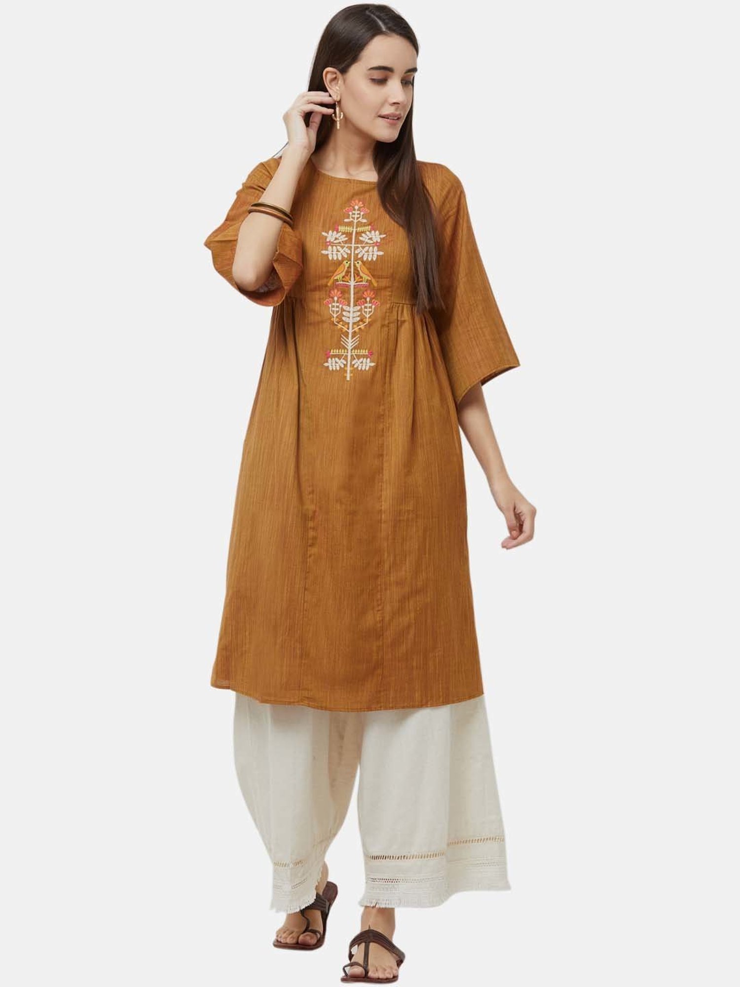 Fusion Beats Brown Cotton Embroidered A Line Kurti
