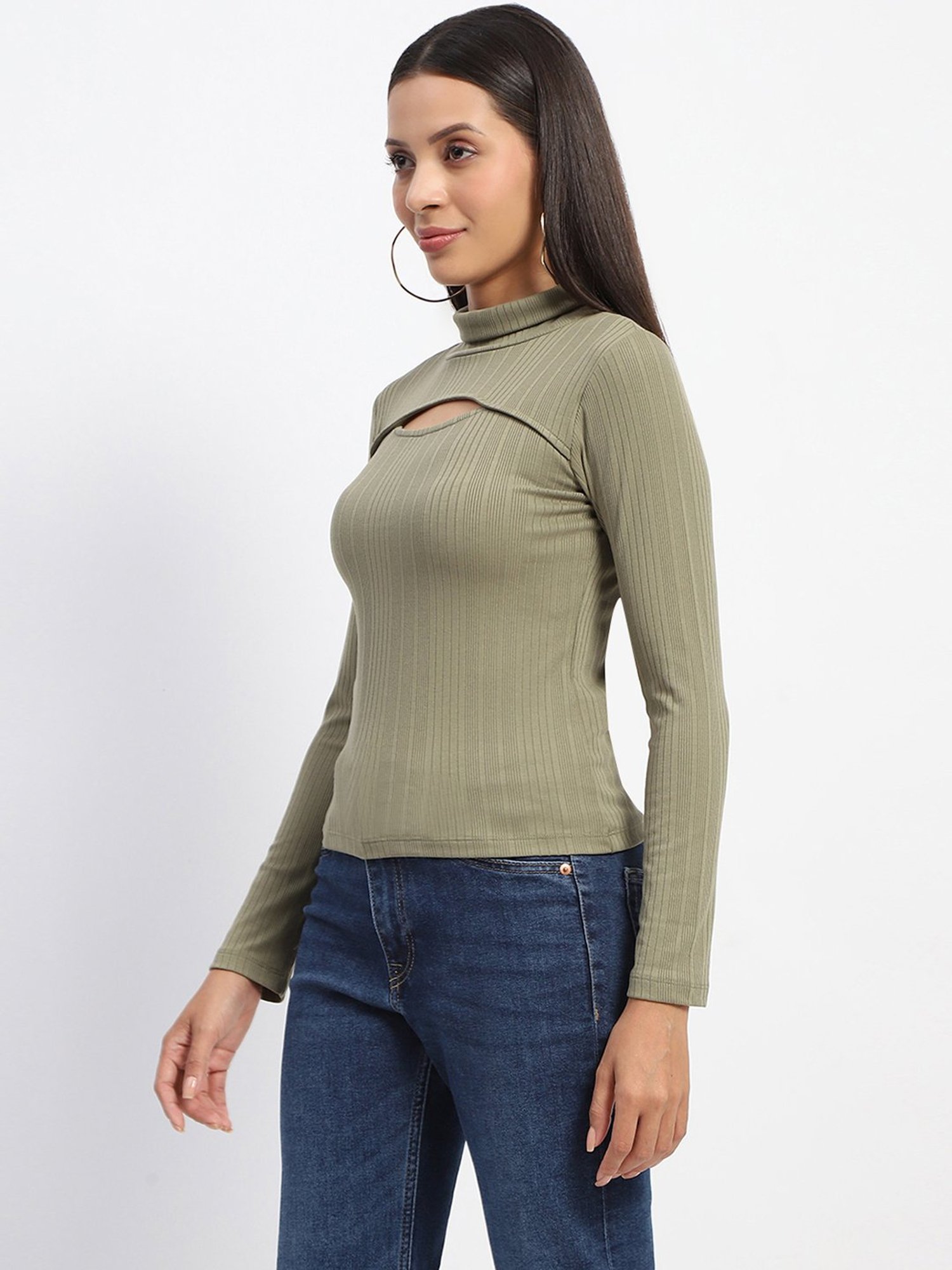 MADAME Sage Green Cotton Slim Fit Top