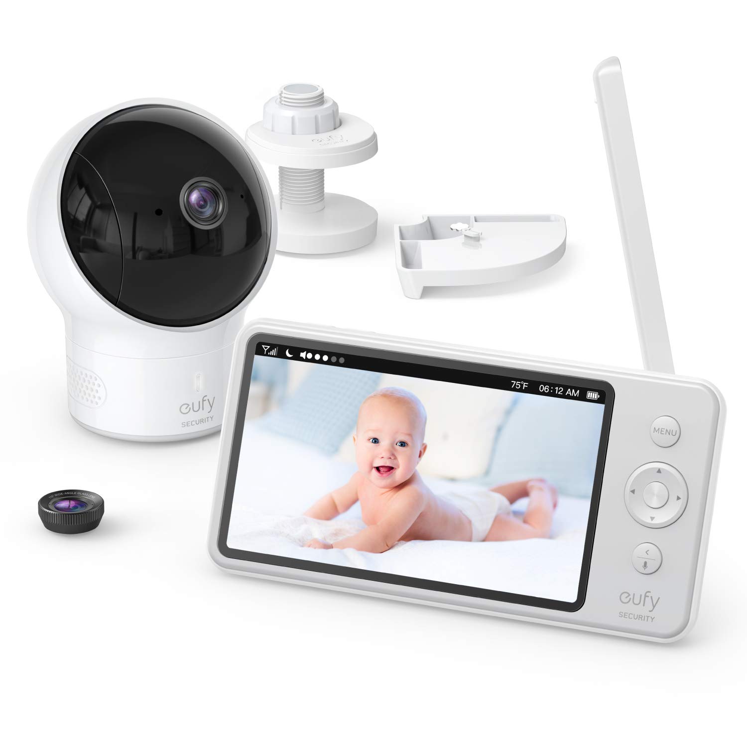 Eufy Baby Monitor, Security Spaceview S Video Monitor, Peace of Mind for New Moms, 5 inch LCD Display, 110&deg; Wide-Angle Lens Included, 720p HD, Lullaby Mode, Night Vision, Day-Long Battery, Crib Mount
