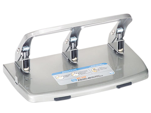 CARL 63040 40-Sheet HC-340 Heavy-Duty Three-Hole Punch, 9/32 Diameter Hole, Silver