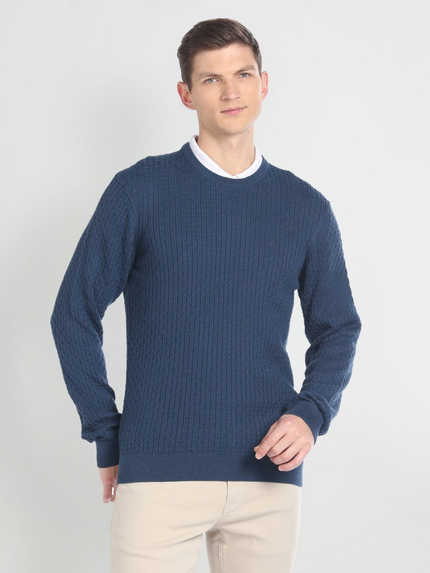 Arrow Navy Regular Fit Self Pattern Sweater