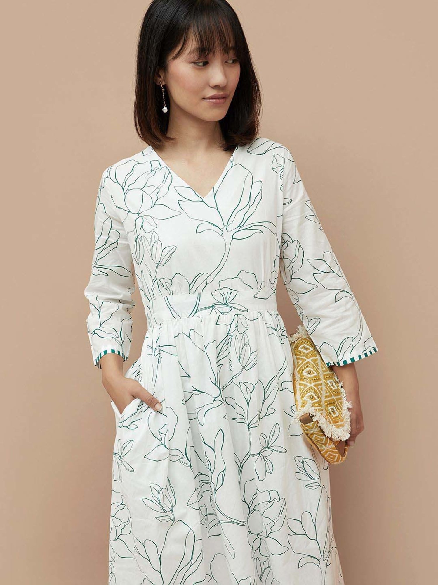 Colour Me by Melange White Cotton Printed Maxi Dress