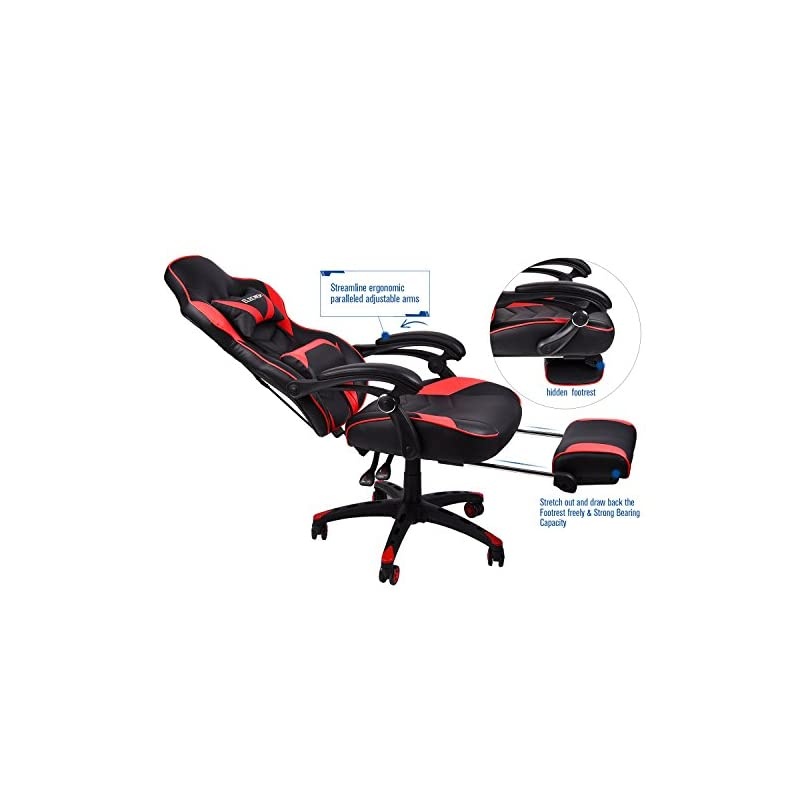 Gaming Chair Racing Office - PU Leather High Back Ergonomic 170 Degree Adjustable Swivel Executive Computer Desk Task Large Size with Footrest,Headrest and Lumbar Support (Red)