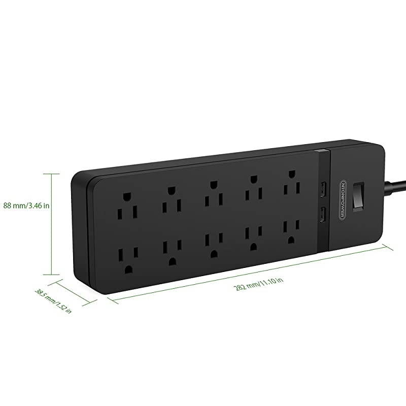 Surge Protector Power Strip,  10 Outlet Power Strip with 2 USB, Power Strip Flat Plug, 5ft Heavy-Duty Extension Cord, 15A Circuit Breaker, ETL Listed, Wall Mount for Home and Office, Black