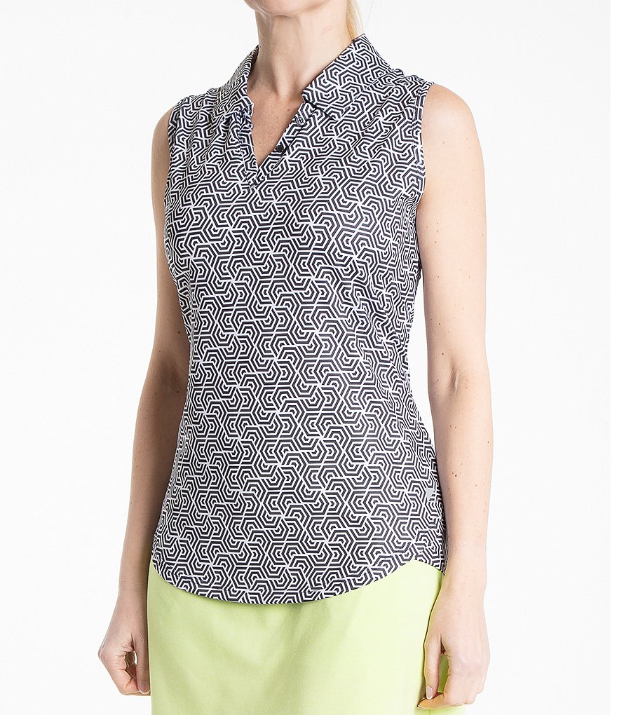 Bette & Court Breeze Sleeveless Print Block Polo Top