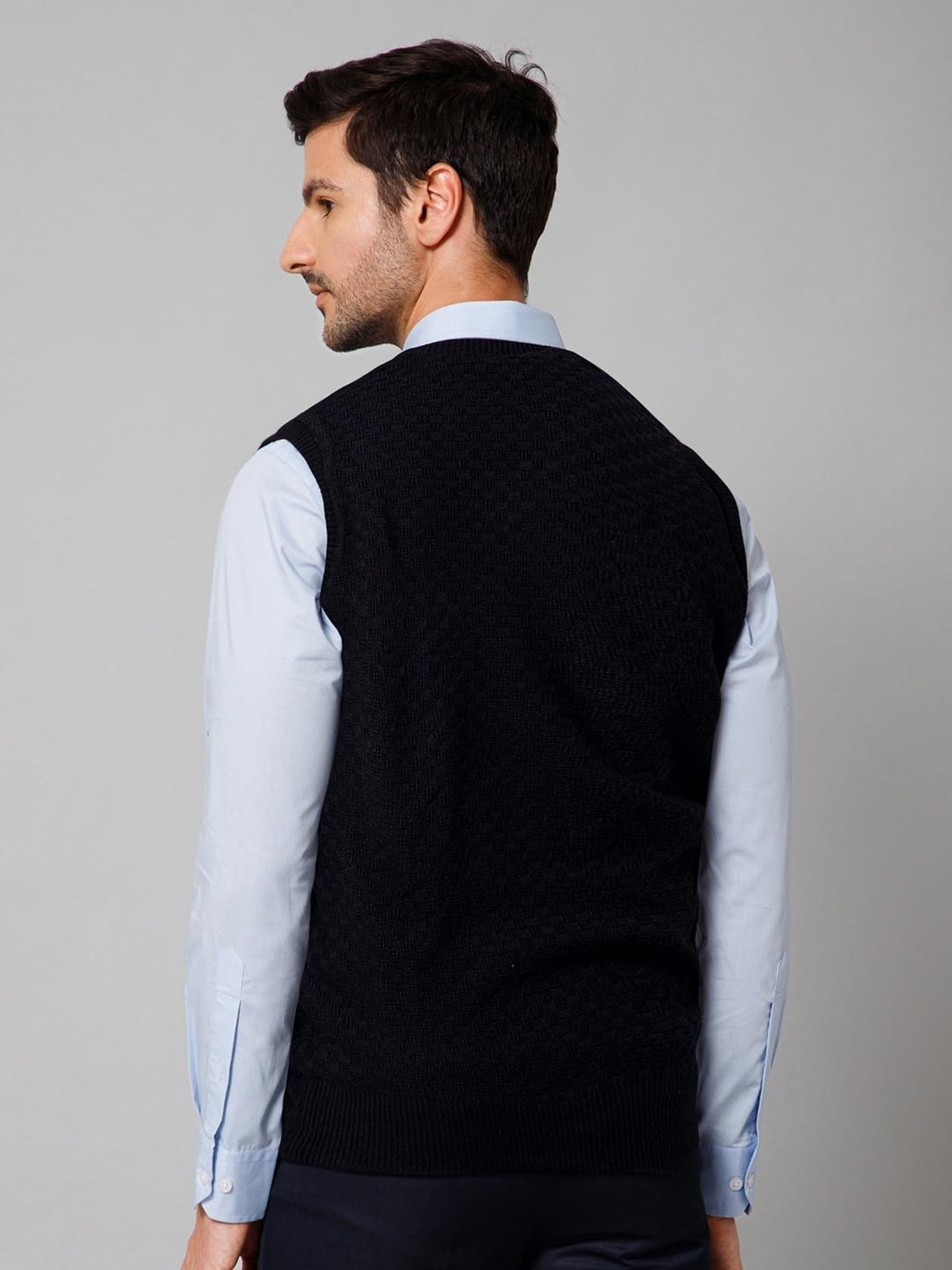 Cantabil Navy & Black Regular Fit Check Reversible Sweater