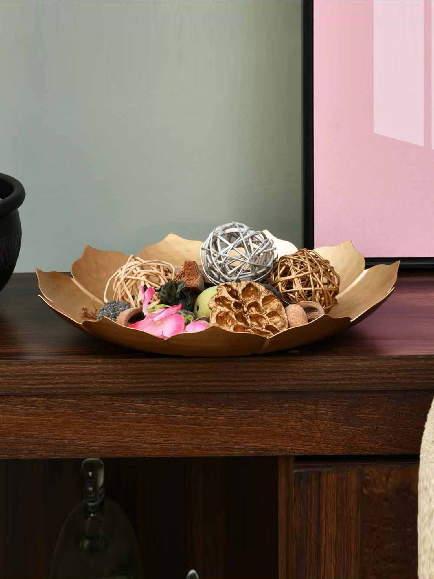 @home Nilkamal Gold Iron Lotus Shaped Decorative Platter