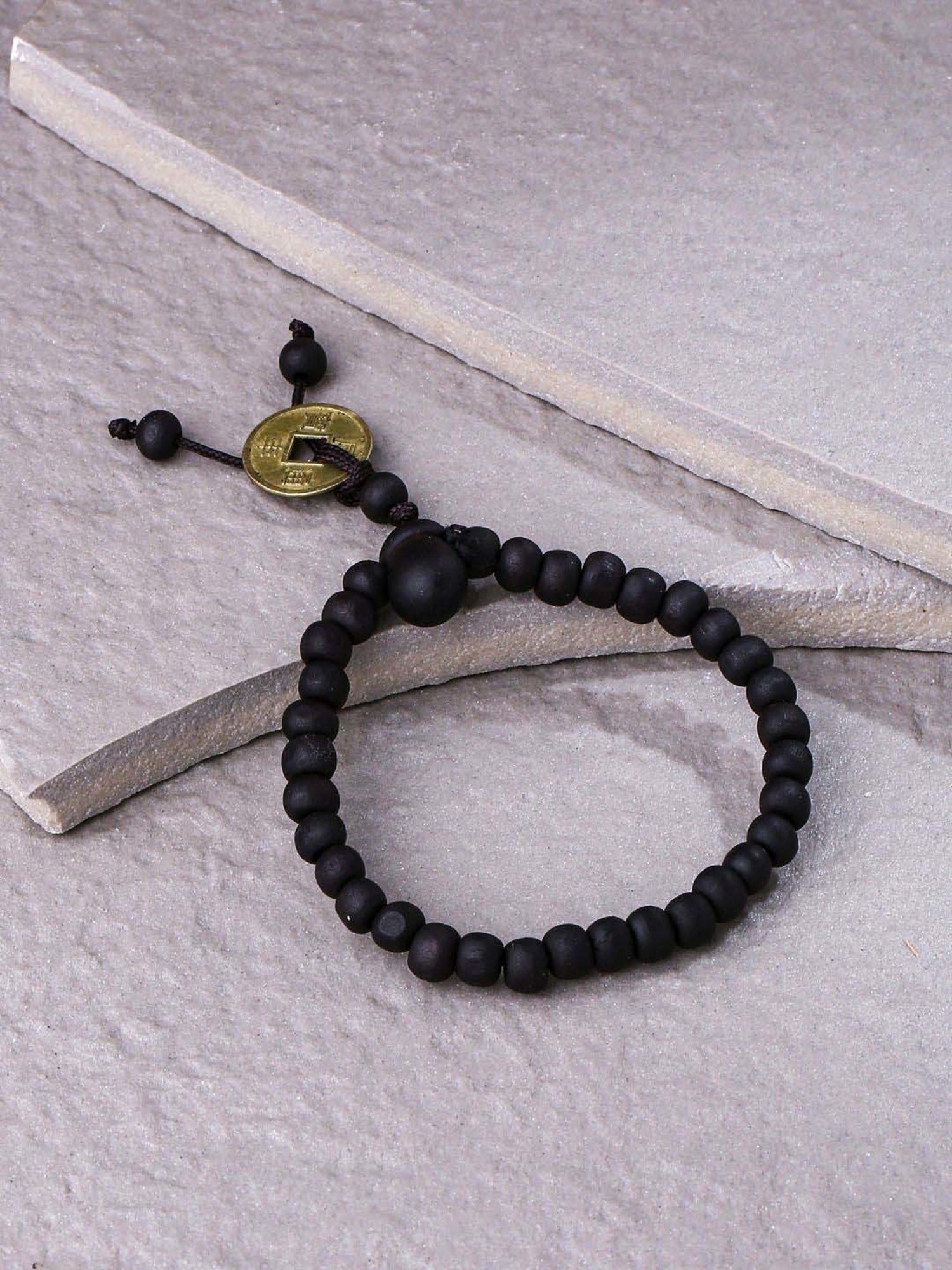 NVR Black Beaded Adjustable Bracelet for Men
