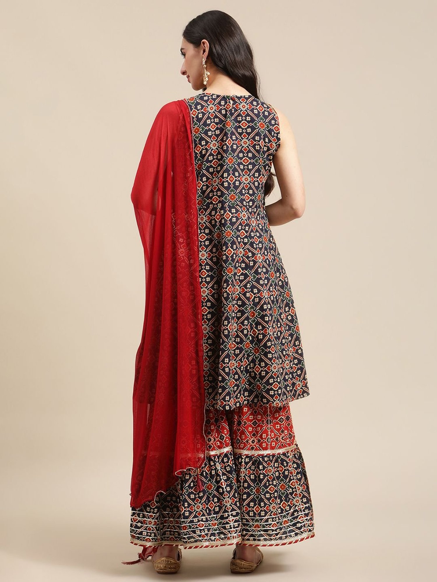 KSUT Navy Cotton Printed Kurta Sharara Set With Dupatta