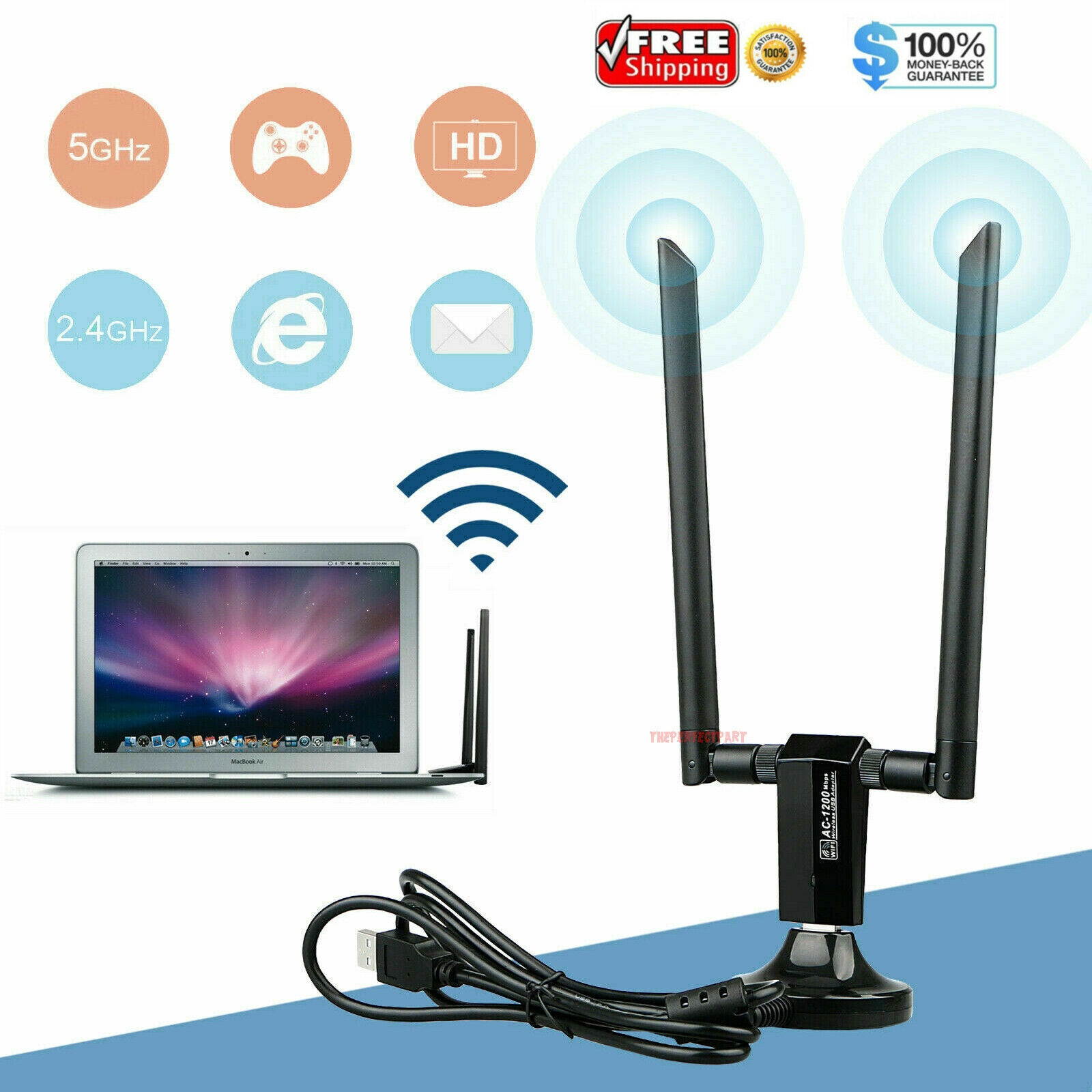 1200Mbps Long Range AC1200 Dual Band 5GHz Wireless USB 3.0 WiFi Adapter Antennas