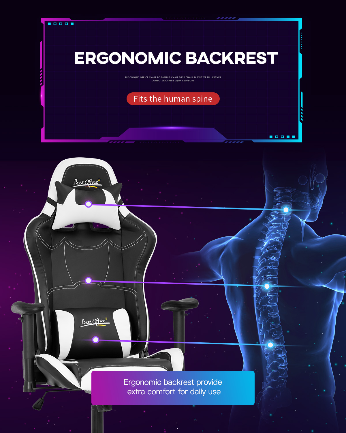 Gaming Chair Racing Chair PC Computer Chair with Lumbar Support Headrest Armrest Task Rolling Swivel Desk Chair Ergonomic PU Leather E-Sports Adjustable Office Chair for Men(White)