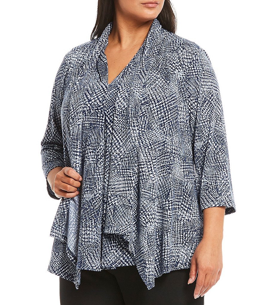 Kasper Plus Size 3/4 Sleeve Onion Skin Flyaway Cozy Double Layer Cardigan
