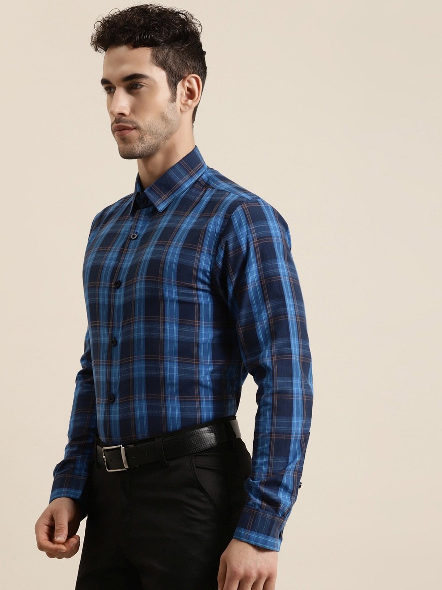 Sojanya Navy Cotton Regular Fit Checks Shirt