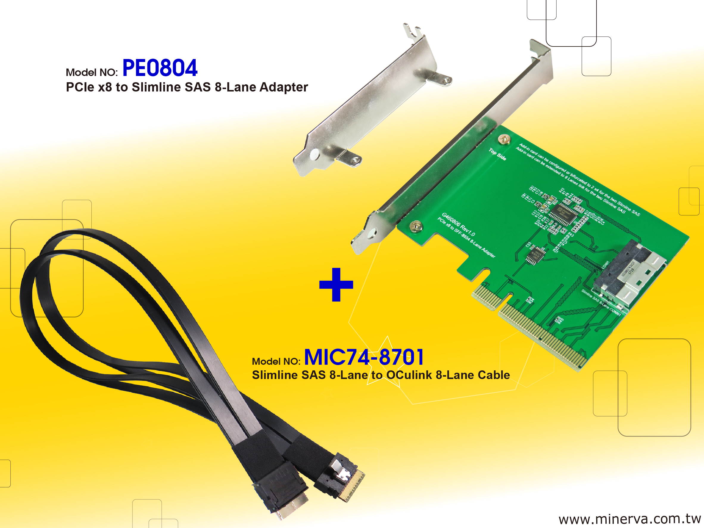 PE0804 - PCIe Gen3 8-lane to Slimline SAS (SFF-8654 8i) Add-in Card(AIC) with Slimline SAS 8-Lane to OCulink 8-Lane Cable KIT