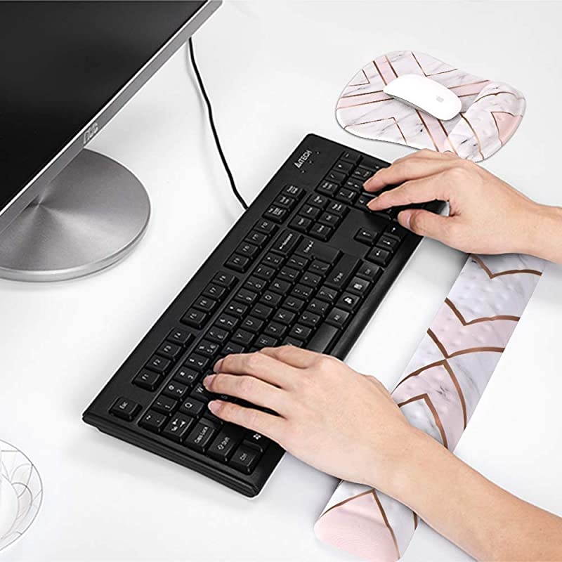 Keyboard Wrist Rest and Mouse Pad Wrist Support Set, Soft Memory Foam Filled Mouse Wrist with Massage Holes Design for Computer, Laptop, Mac, Gaming or Office Pain Relief, Gold Marble
