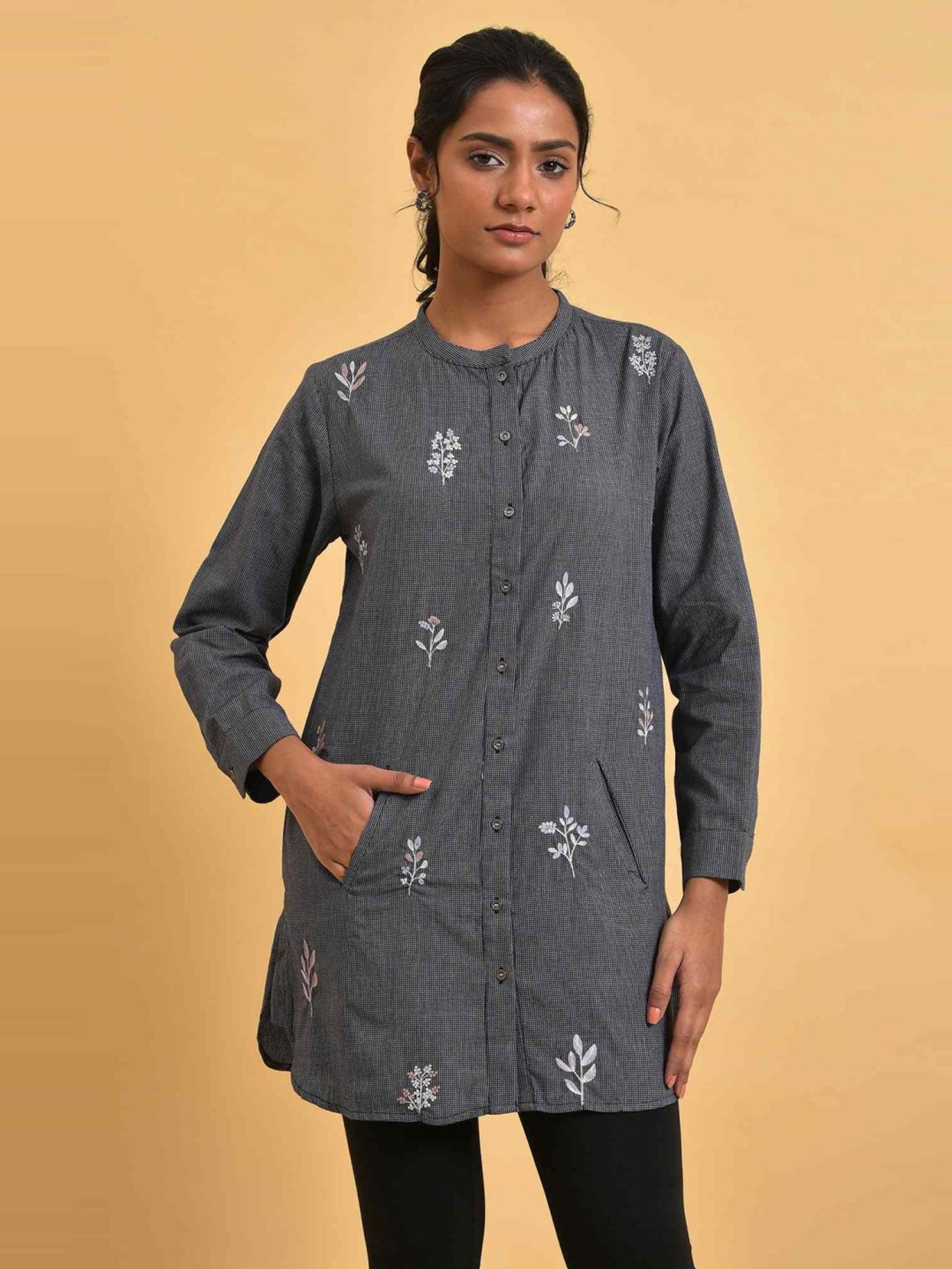 W Grey Cotton Embroidered Tunic