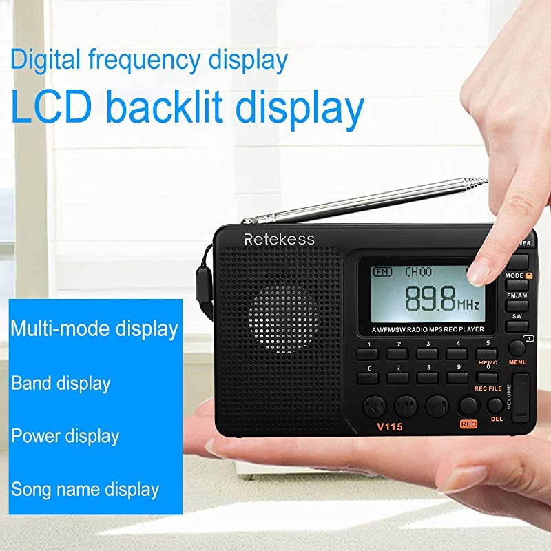V115 Shortwave Radio AM FM Radio Digital Tuner Rechargeable Radio Support Recording Portable MP3 Radio with Bass and TF Socket Black