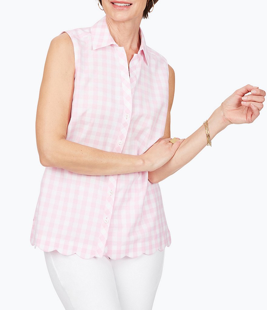 Foxcroft Lilith Gingham Sleeveless Point Collar Button Front Blouse
