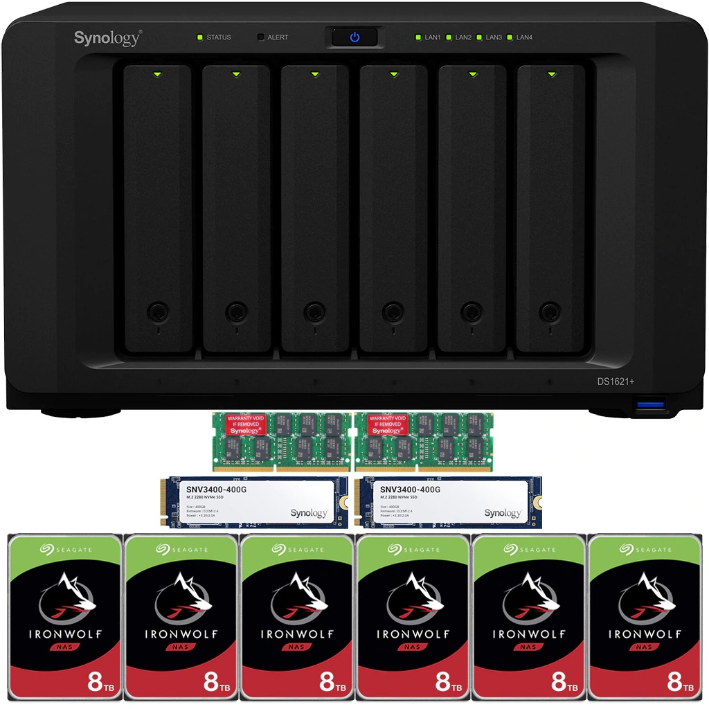 Synology DS1621+ DiskStation with 8GB RAM and 12TB (6 x 2TB) of Seagate Ironwolf NAS Drives and 800GB (2x400GB) NVME Cache Fully Assembled and Tested By CustomTechSales