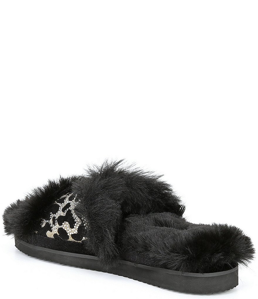 Gianni Bini Cushyy Faux Fur Rhinestone Embellished Leopard Print Slippers