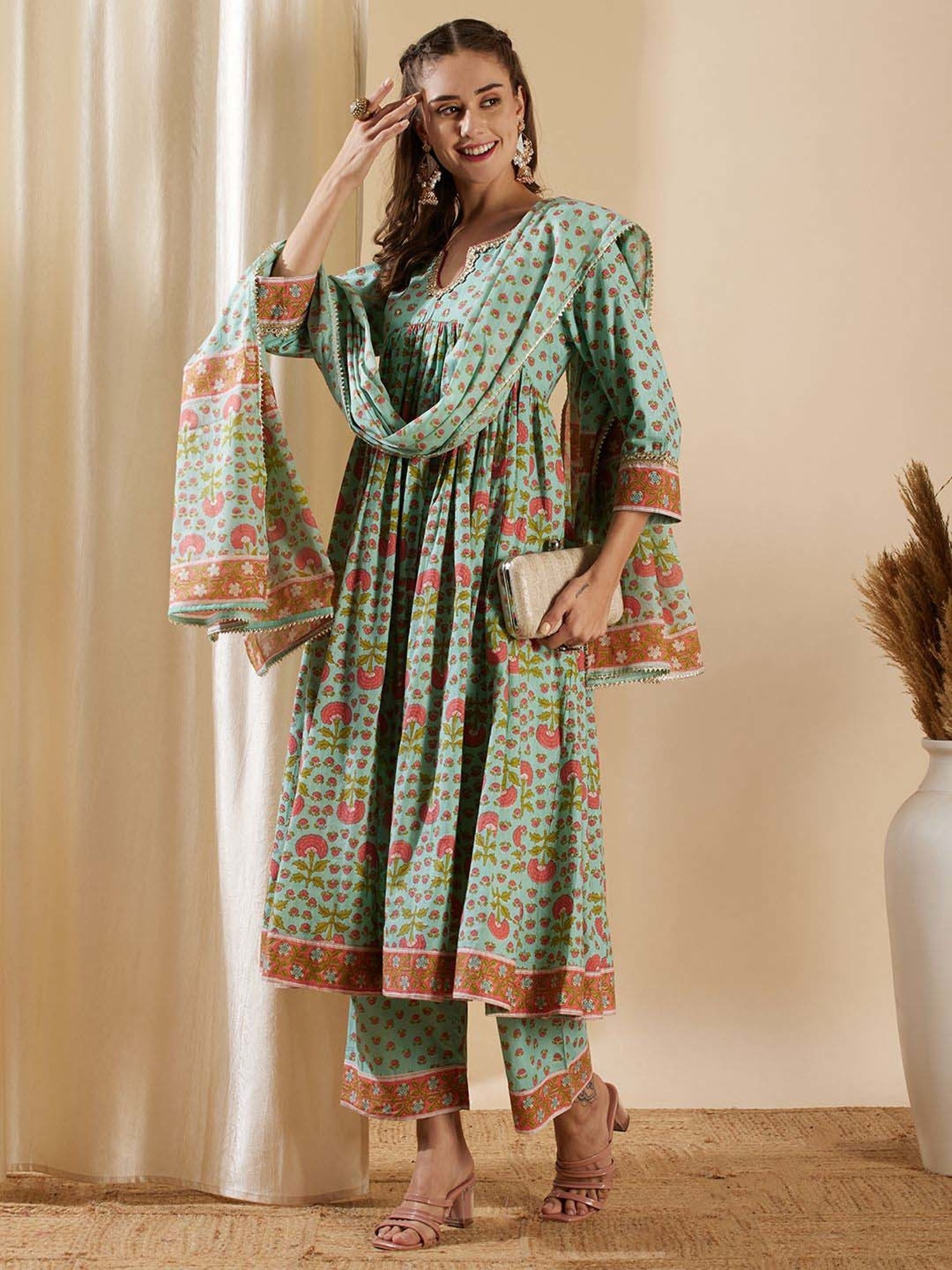 Fashor Mint Green Cotton Printed Kurta & Palazzo Set With Dupatta