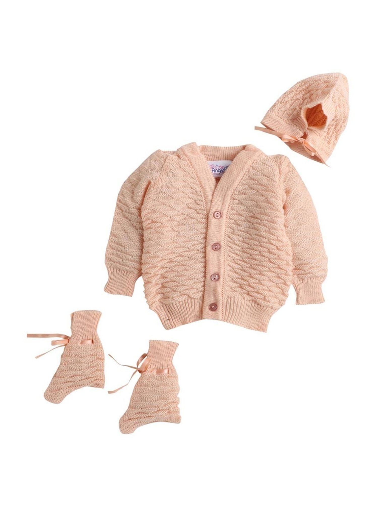 Little Angels Kids Peach Textured Pattern Full Sleeves Sweater Set