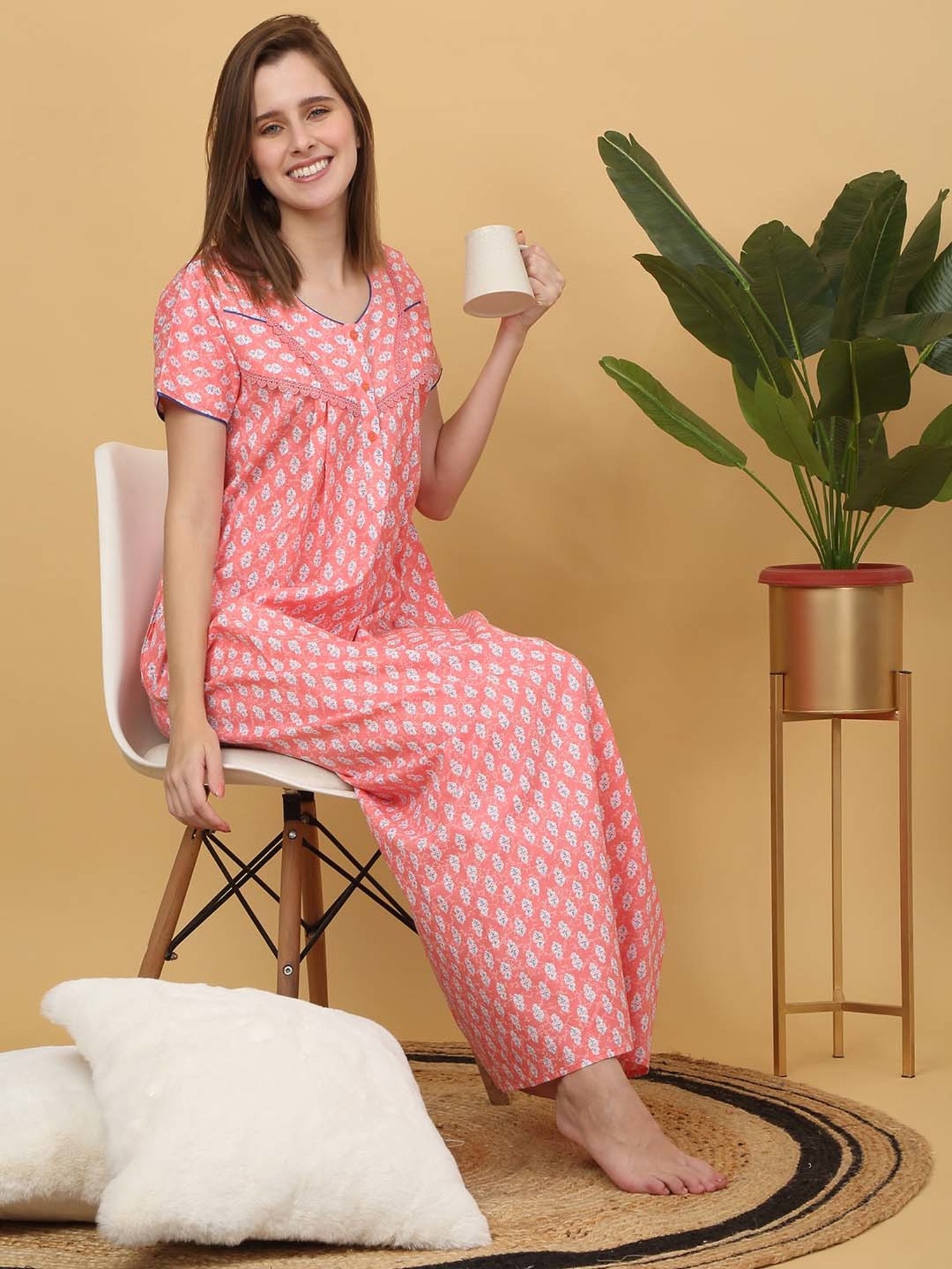 Sweet Dreams Peach Cotton Printed Nighty