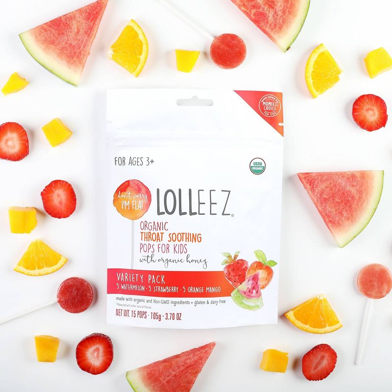 Lolleez Children's Organic Throat Soothing Pops - Watermelon, Strawberry, & Orange Mango - 15ct