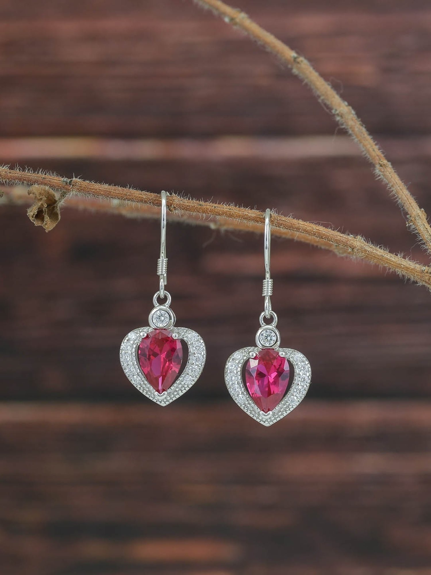 925 Silver Red Ruby and American Diamond Heart d Dangler Earrings for Women & Girls
