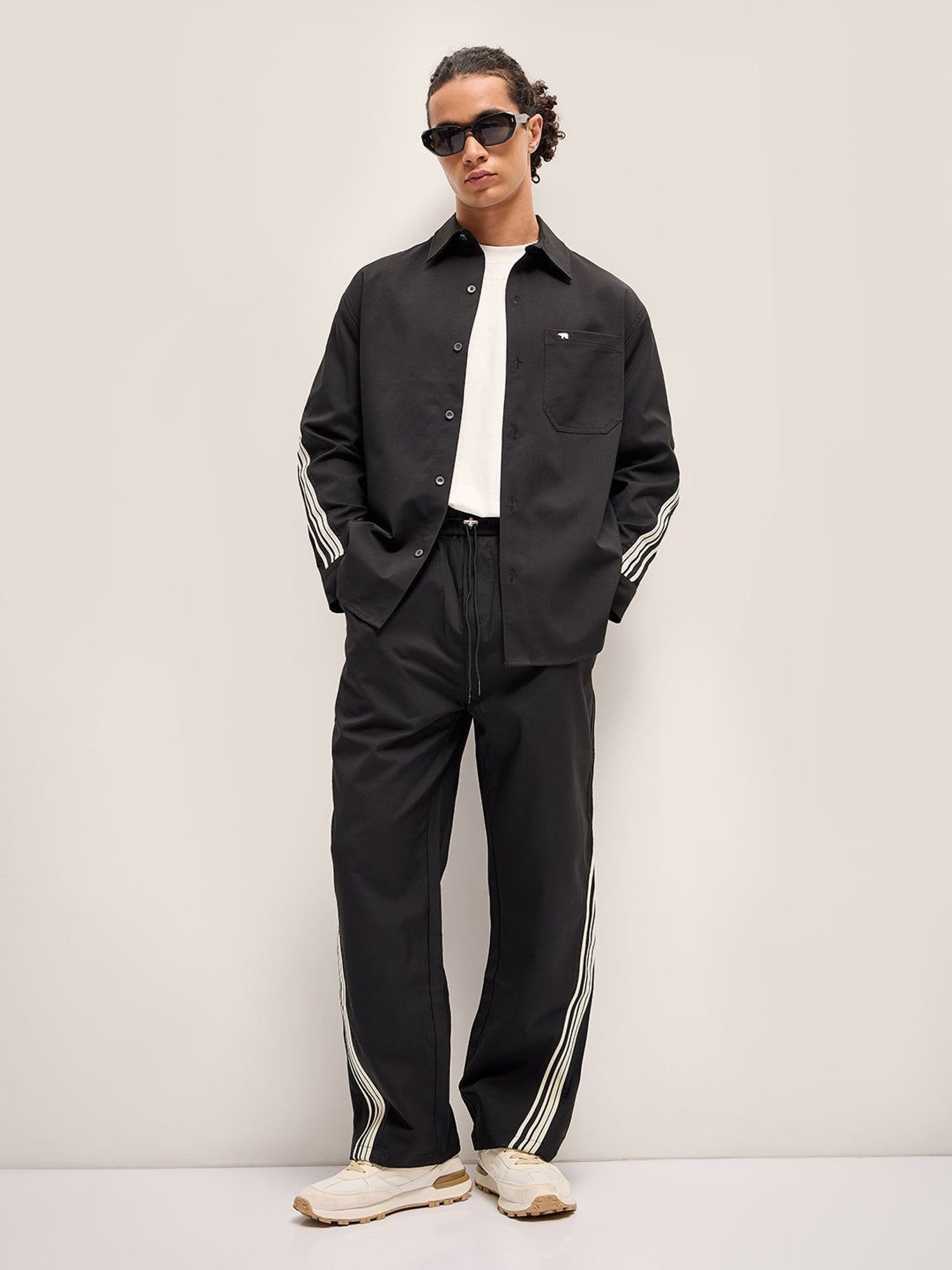 The Bear House Black Straight Fit Striped Trackpants