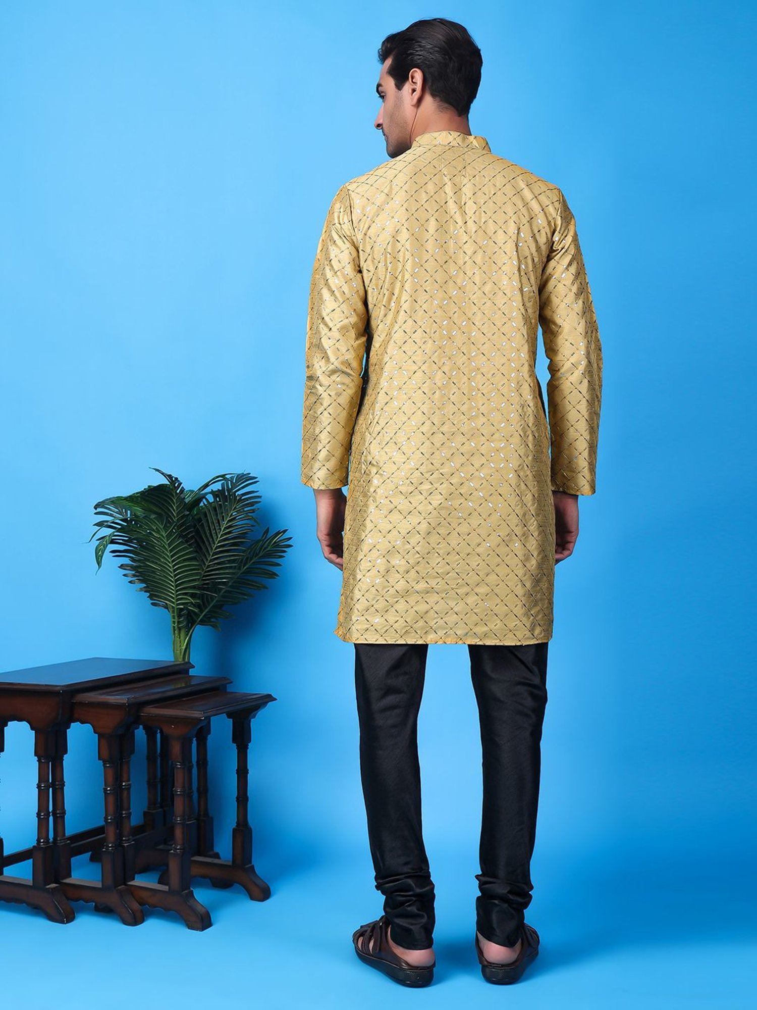 Hangup Khaki & Black Regular Fit Embellished Kurta Bottom Set