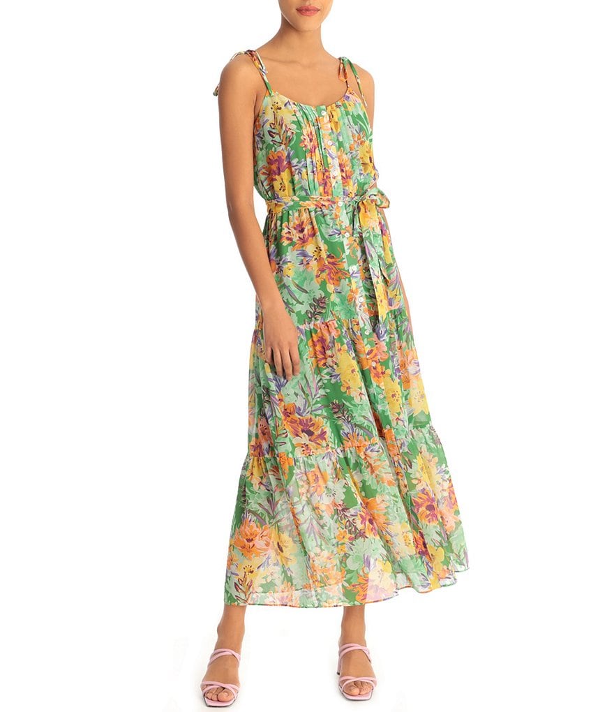 Donna Morgan Floral Pleated Bodice Scoop Neck Maxi Swing Dress