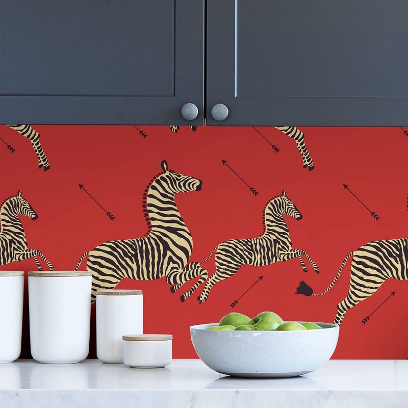 Brewster Zebra Safari Scalamandre Self Adhesive Wallpaper Masai Red