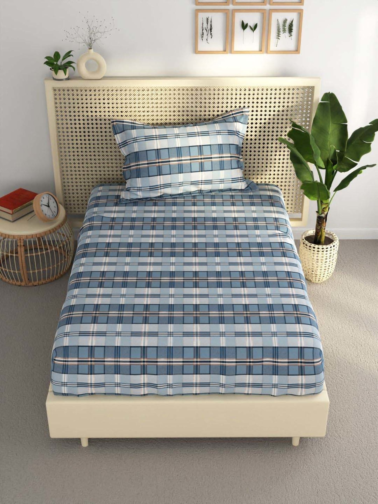 Bianca Estonia Blue 116 TC Poly Cotton Single Bedsheet with 1 Pillow Cover