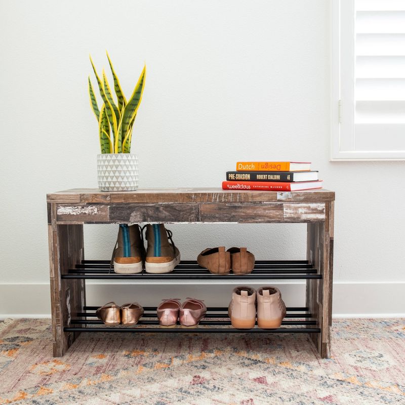 Industrial Shoe Bench with Metal Storage Racks Distressed Wood - Danya B.