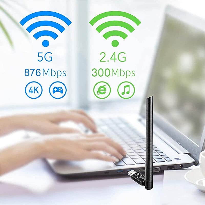 WiFi Adapter for PC AC1200Mbps Wireless Network Adapter for Desktop with 2.4GHz/5GHz High Gain Dual Band 5dBi Antenna, Supports Windows 10/8.1/8/7/XP, Mac OS 10.6-10.15,Vista,Linux