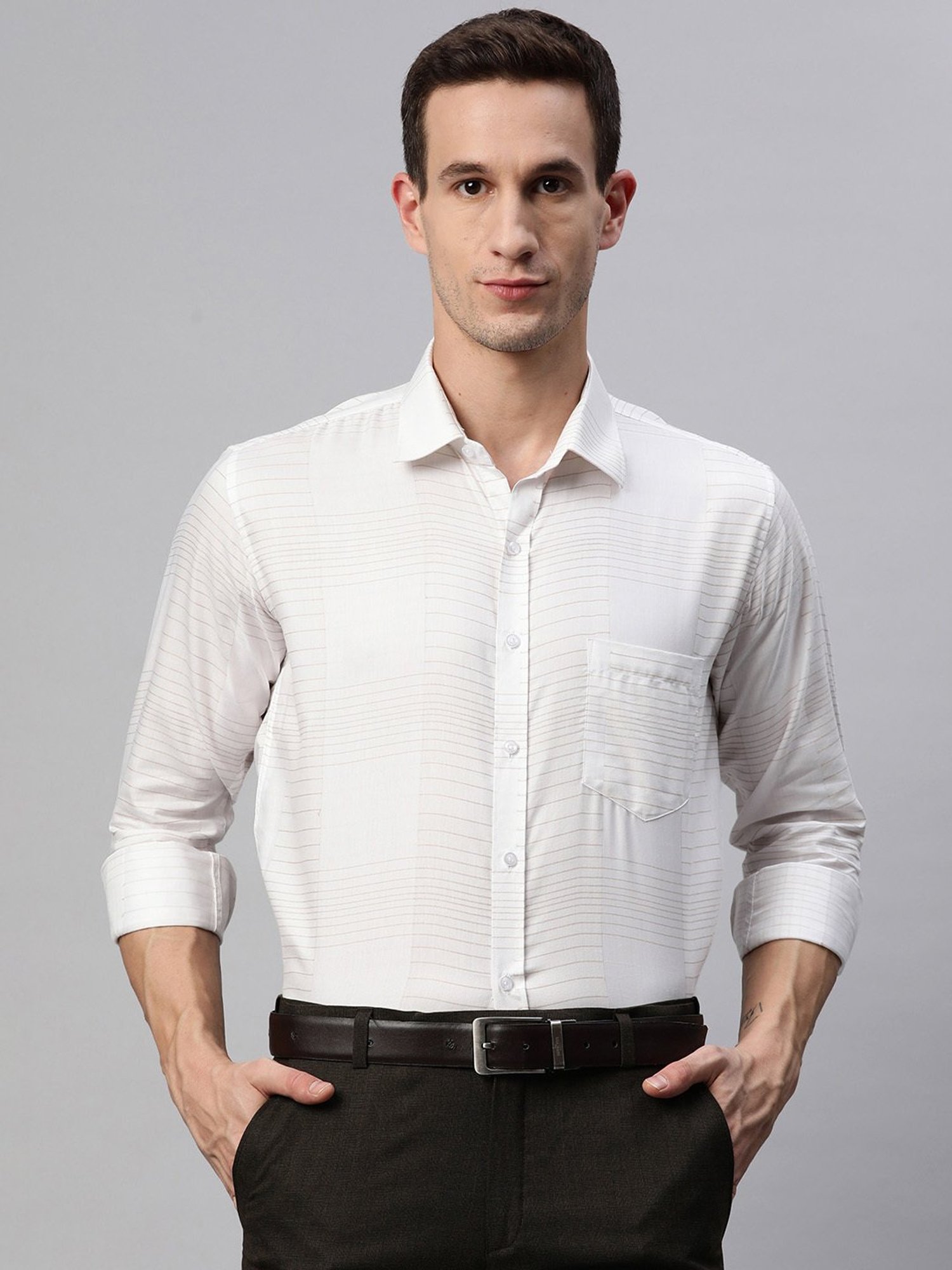 ManQ White & Beige Regular Fit Striped Shirt