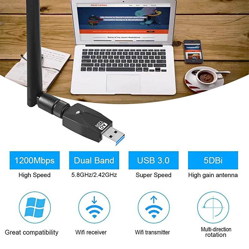 WiFi Adapter for PC AC1200Mbps Wireless Network Adapter for Desktop with 2.4GHz/5GHz High Gain Dual Band 5dBi Antenna, Supports Windows 10/8.1/8/7/XP, Mac OS 10.6-10.15,Vista,Linux