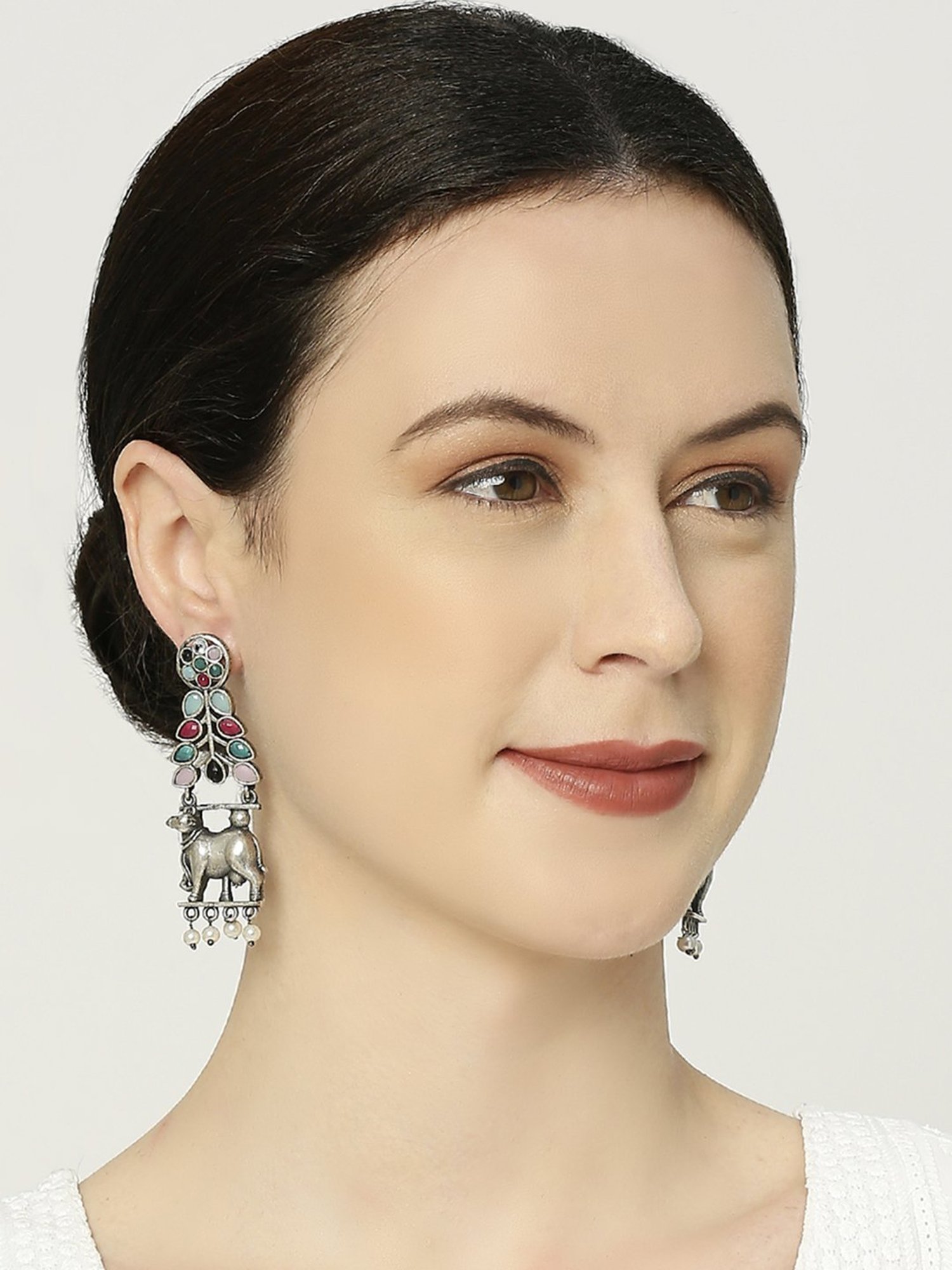 OOMPH Silver Oxidized Look Alike Made in Indian Cow Shape Ethnic Dangler Earrings