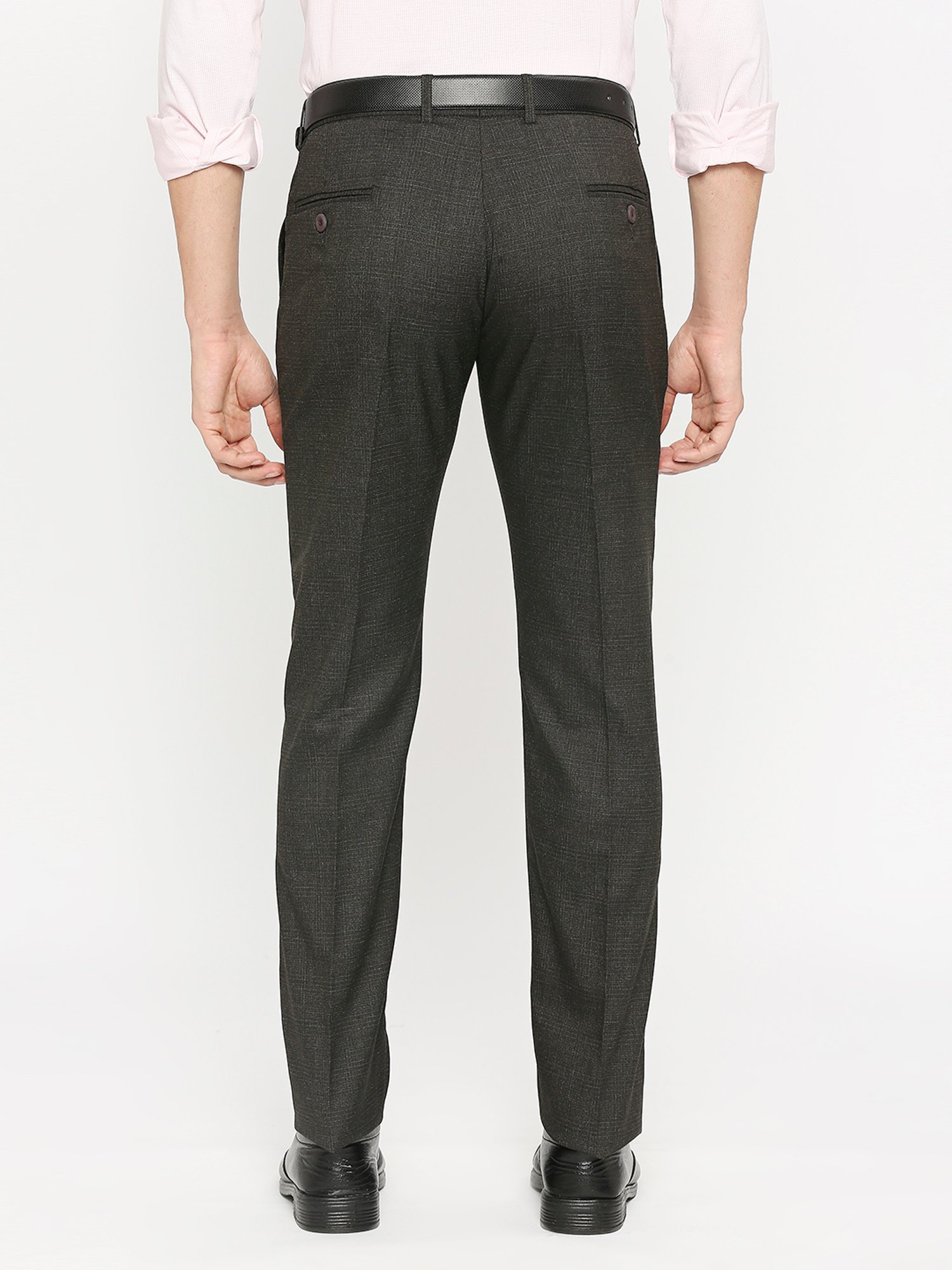 SOLEMIO Dark Brown Slim Fit Self Design Flat Front Trousers