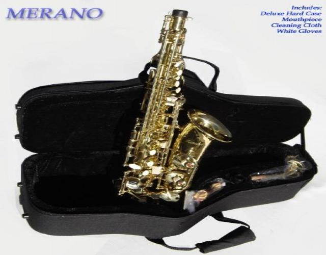 merano e flat gold alto saxophone with case+mouth piece+black music stand+metro tuner+11 reeds