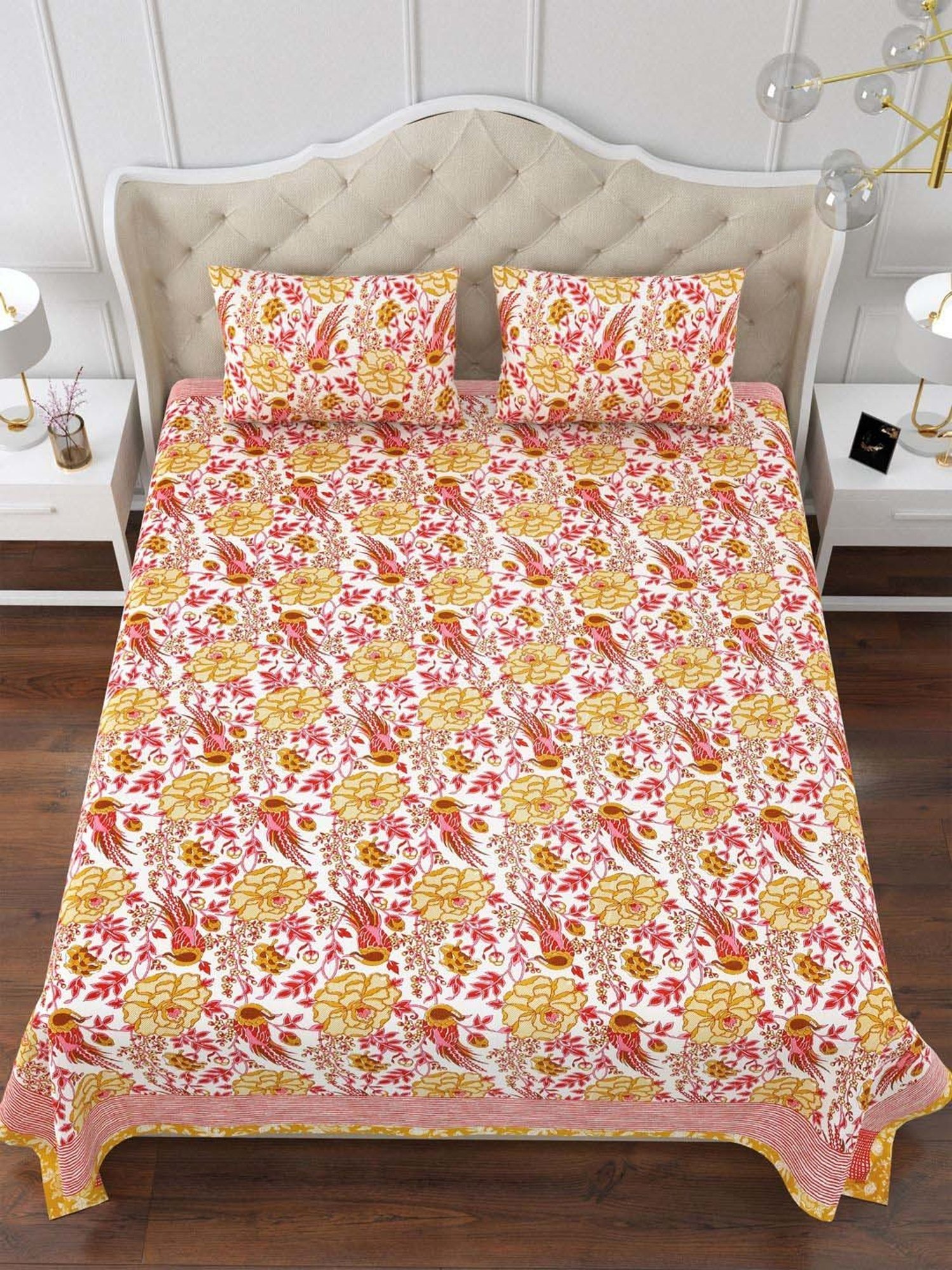 Aapno Rajasthan Ranthambore Reminiscence Pink & Yellow Cotton Double Bedsheet With 2 Pillow Cover