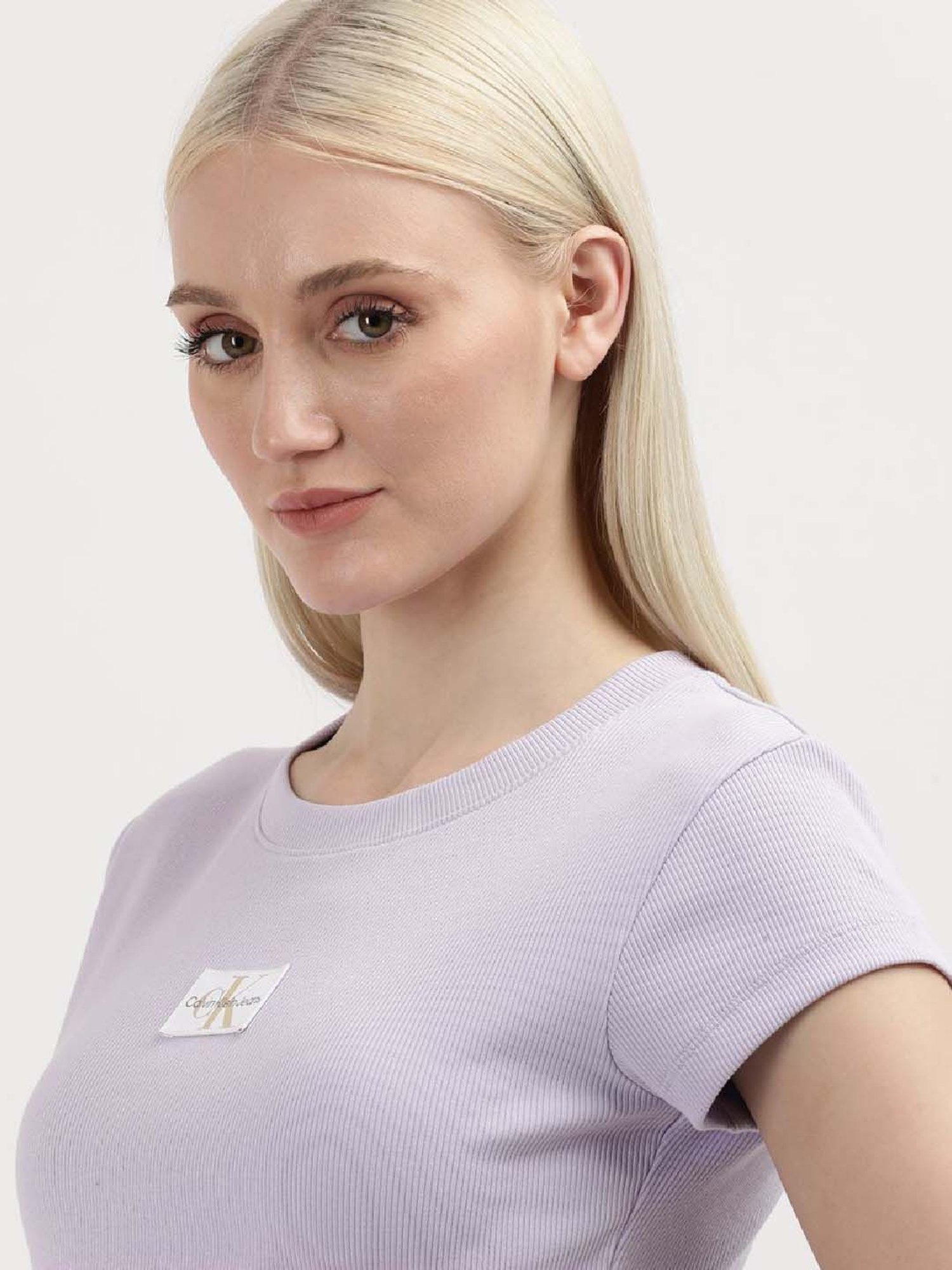 CALVIN KLEIN Purple Cotton Logo Patch Work Crop T-Shirt