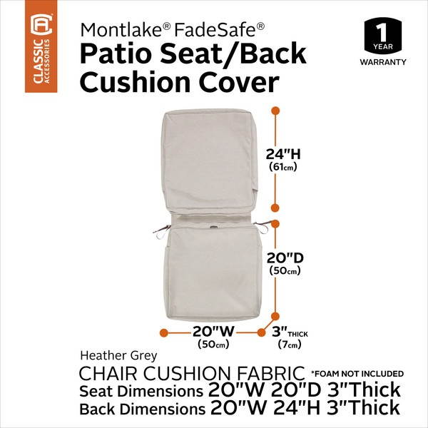 Classic Accessories 60-435-011001-RT Montlake Fadesafe Chair Cushion Cover, Heather Grey - 44 x 20 x 3 in.