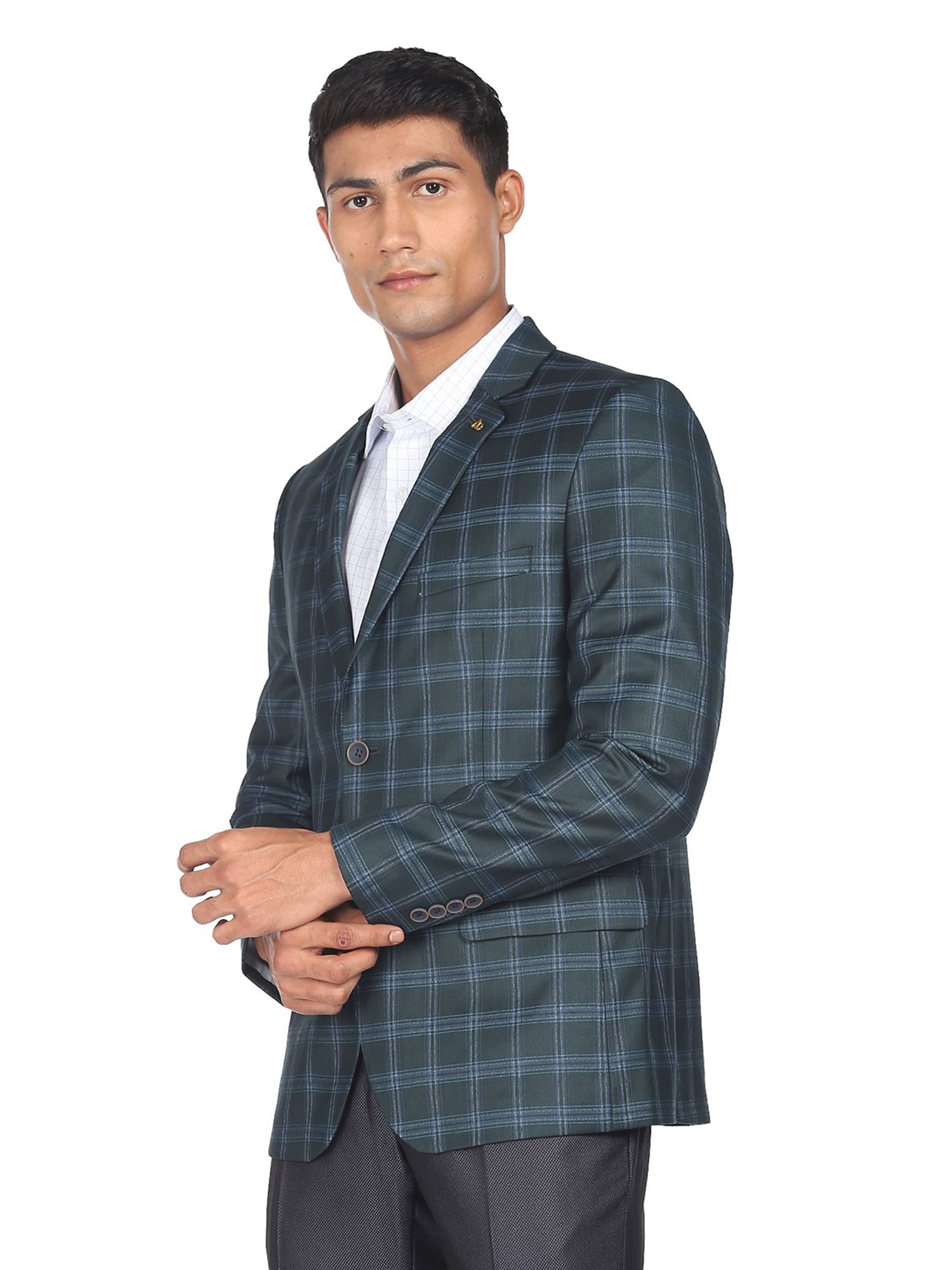 AD by Arvind Green Regular Fit Notch Lapel Check Blazer
