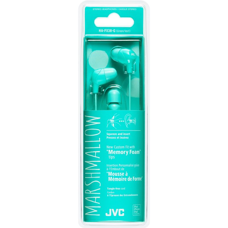 JVC Marshmallow HA-FX38G Earphone - Stereo - Green - Wired - Gold Plated Connector - Earbud - Binaural - In-ear - 3.28 ft Cable