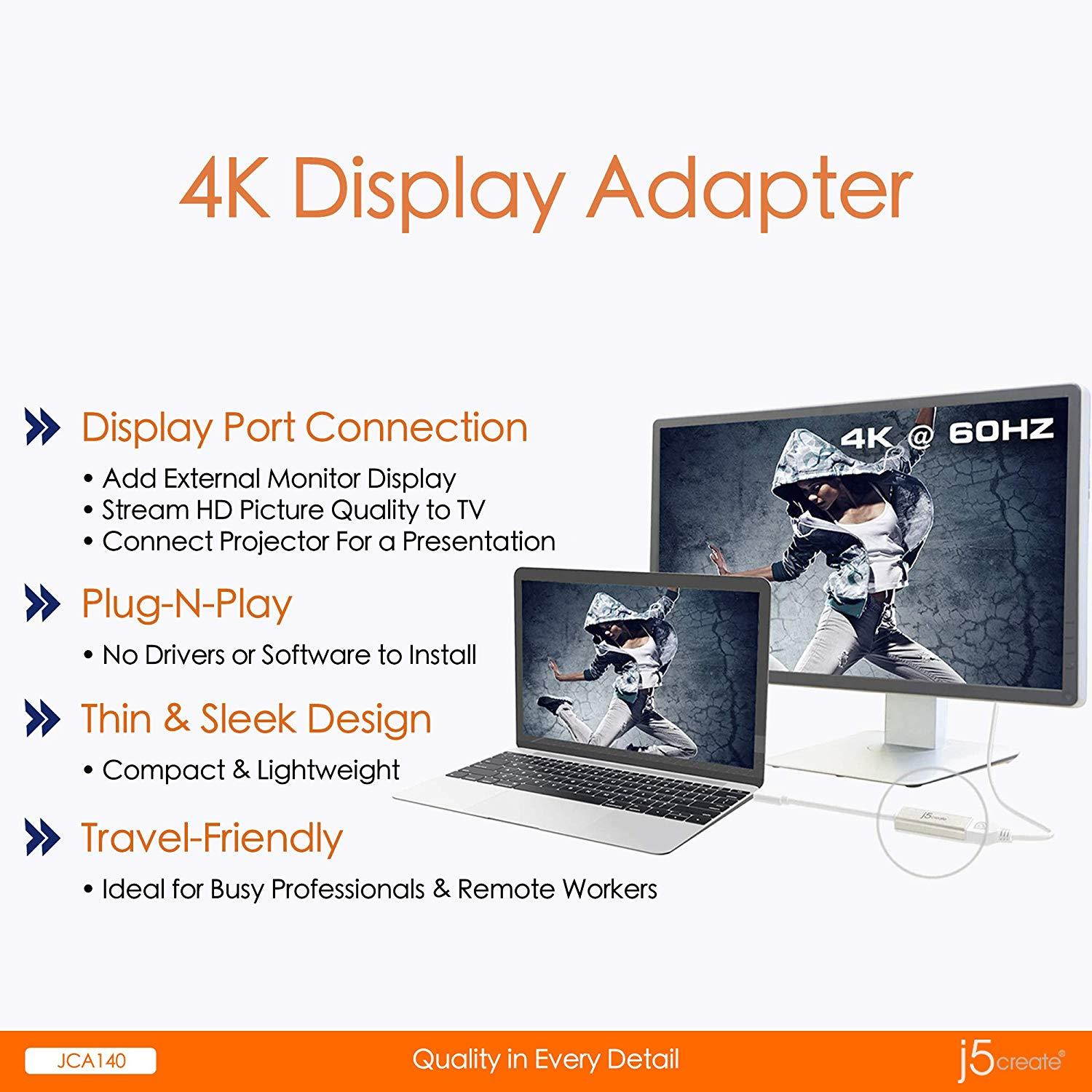 j5create USB C to DisplayPort Adapter Cable 4K@60Hz Type C Dongle Connects External Monitor Display, HDTV, Projector for MacBook, Chromebook, Laptops, Phones, Tablets, PC with USB-C Port