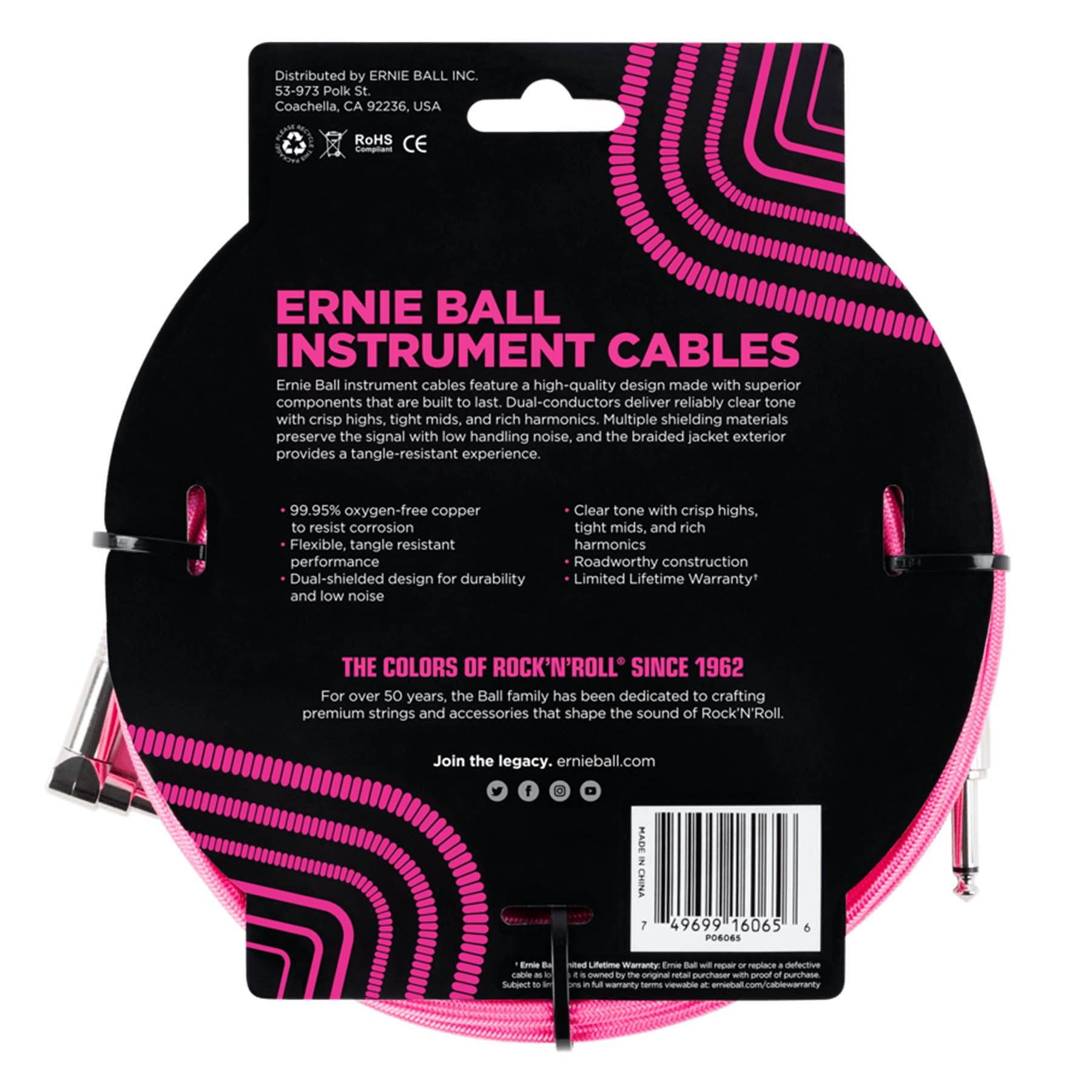 Ernie Ball P06065 25-Foot 1/4" Straight/Angle Braided Neon Pink Guitar Cable